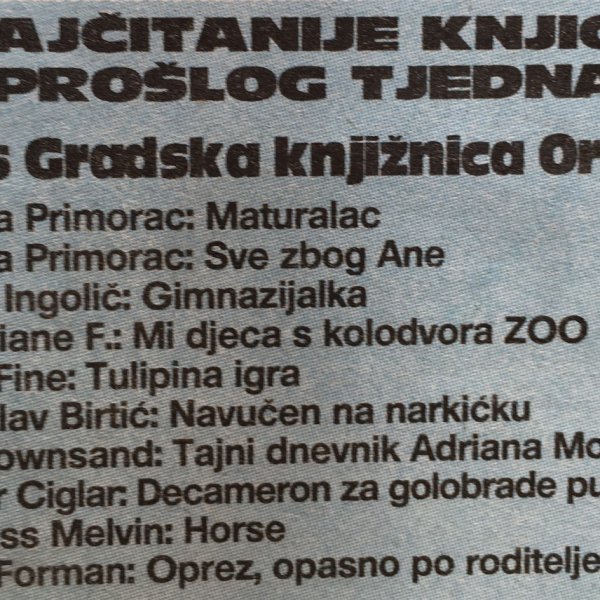 Lista čitanosti u gradskoj knjižnici oroslavlje, ožujak 2000